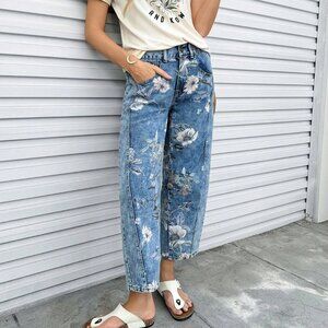 Blue Casual Women's Floral Print Jeans with Slant Pocket